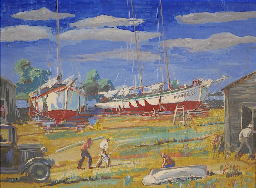 Appraisal: PHIL SAWYER Sailboats in a Shipyard Oil on Board Oil