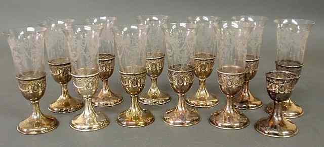 Appraisal: Set of twelve etched glass parfait glasses with sterling silver