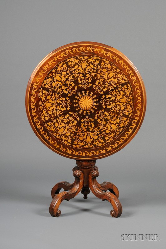 Appraisal: Continental Marquetry-inlaid Walnut Circular Tilt-top Table last quarter th century