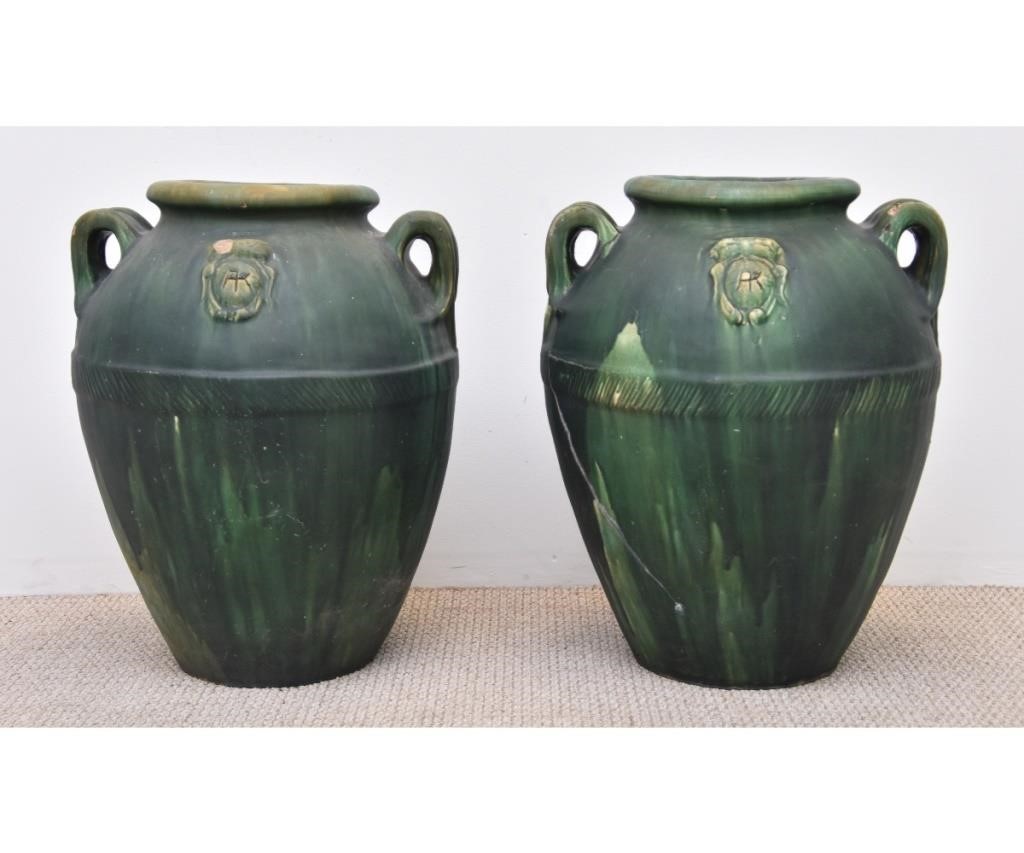 Appraisal: Massive pair of green glazed pottery urns signed Atlantic Co