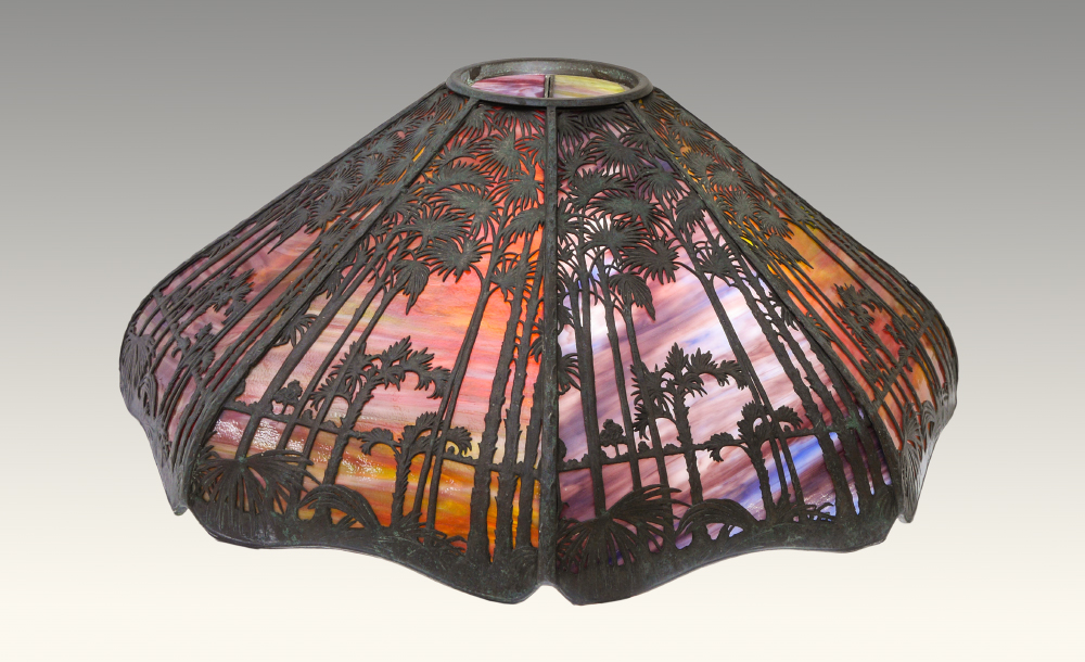 Appraisal: HANDEL HAWAIIAN SUNSET HANGING LAMP SHADE Filigree tropical motif frame