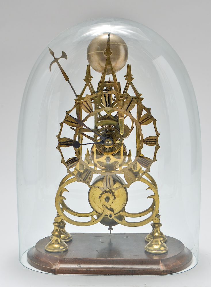 Appraisal: Victorian Brass Skeleton Clock with Glass Dome Victorian brass skeleton