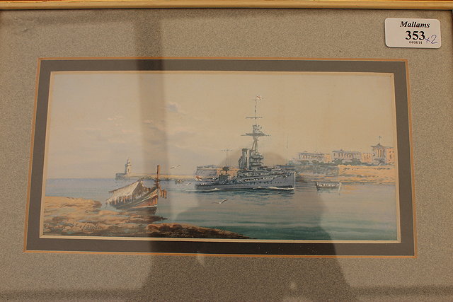 Appraisal: V D'ESPOSITO - BATTLESHIP ENTERING A MEDITERRANEAN HARBOUR WATERCOLOUR and