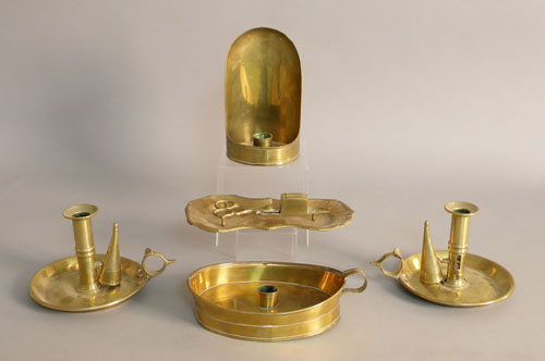 Appraisal: George III brass chambersticks a snuffer and tray and another