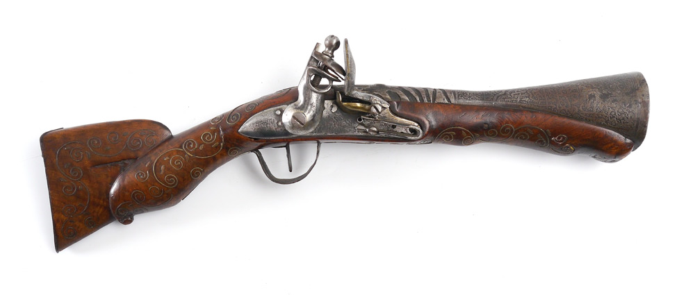 Appraisal: PERSIAN STYLE INLAID FLINTLOCK BLUNDERBUSS Victorian era Persian or Ottoman