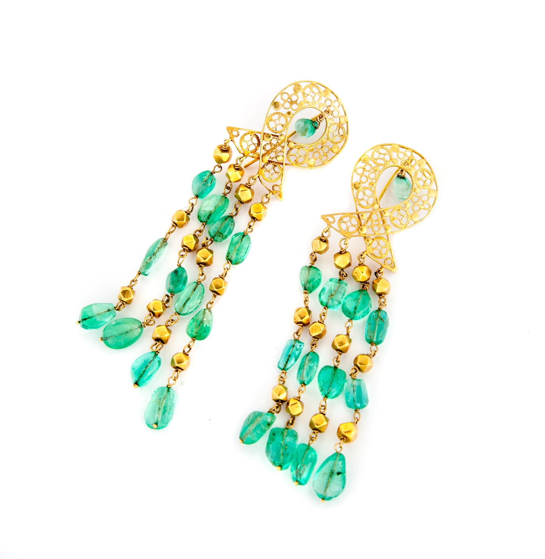 Appraisal: KARAT GOLD AND EMERALD BEAD PENDANT EARRINGS American late th