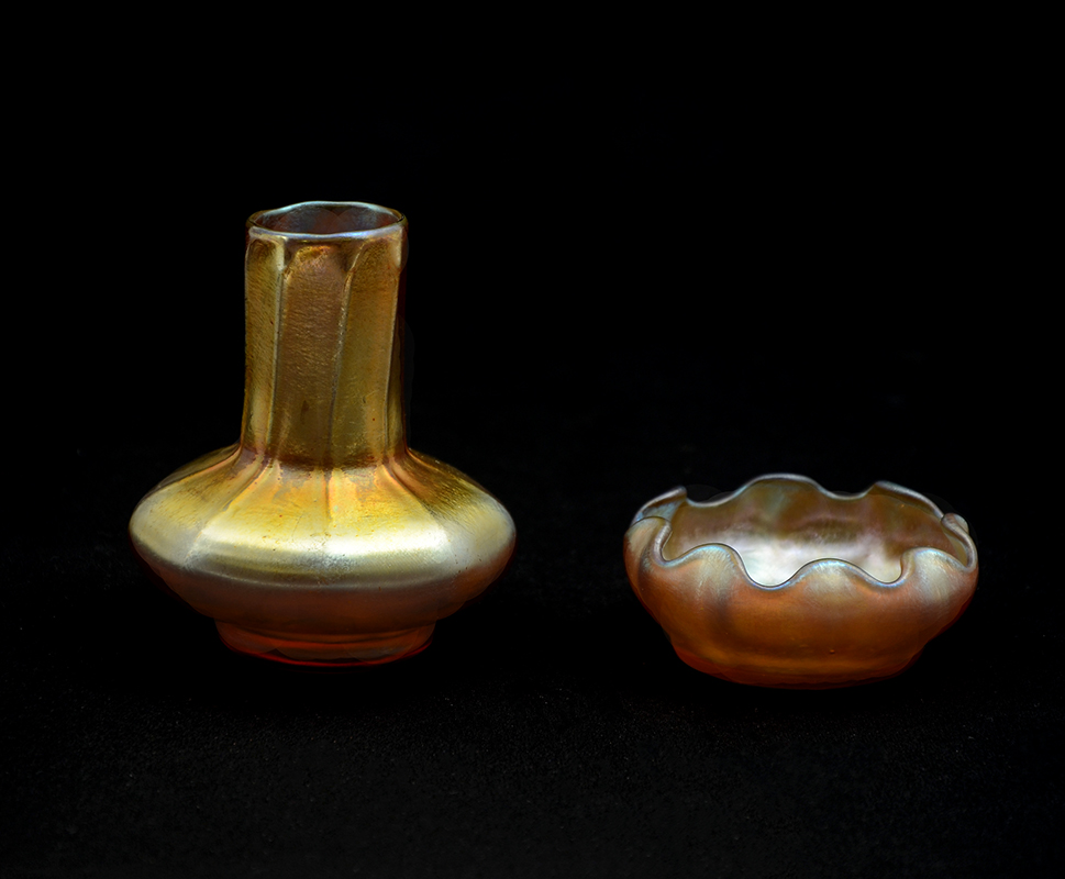 Appraisal: TIFFANY FAVRILE GLASS VASE AND RING TRAY piece total to