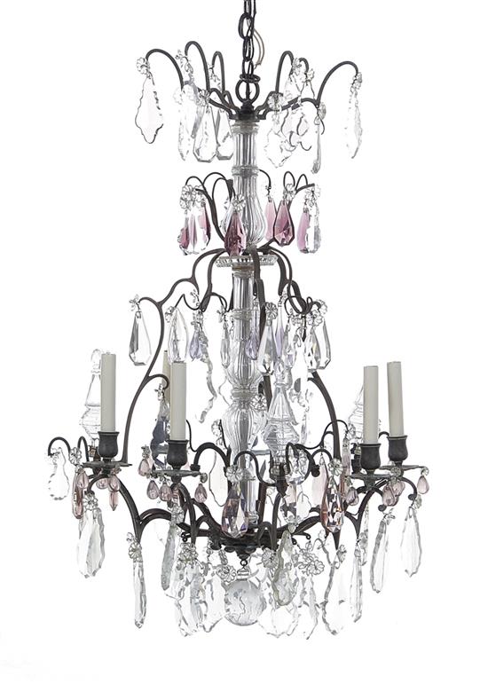 Appraisal: Baccarat crystal and bronze six-light chandelier turned crystal stem supporting