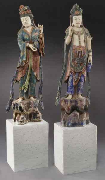 Appraisal: Pr Chinese Liao Jin Style polychrome carved woodGuanyin raised on