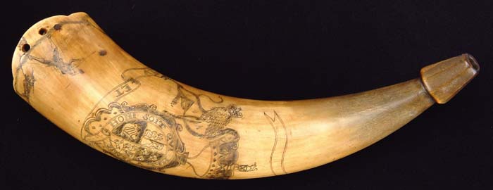 Appraisal: ENGRAVED POWDER HORN Side engraved with the British Coat of