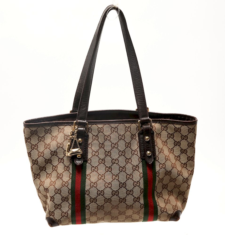 Appraisal: Gucci Monogram Canvas and Leather Bag Gucci designer monogram canvas