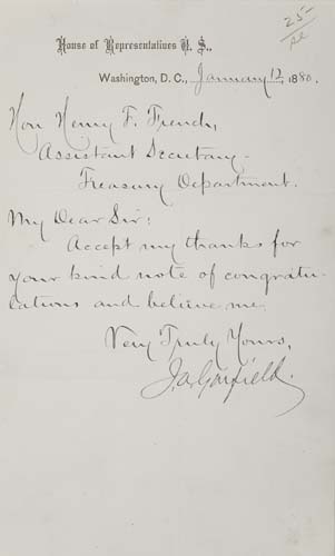 Appraisal: GARFIELD JAMES A Letter Signed J A Garfield as Congressman