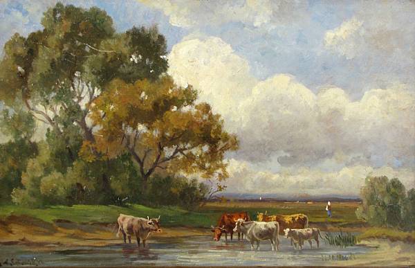 Appraisal: Frederic Albert Schmidt French - Landscape with cows at a