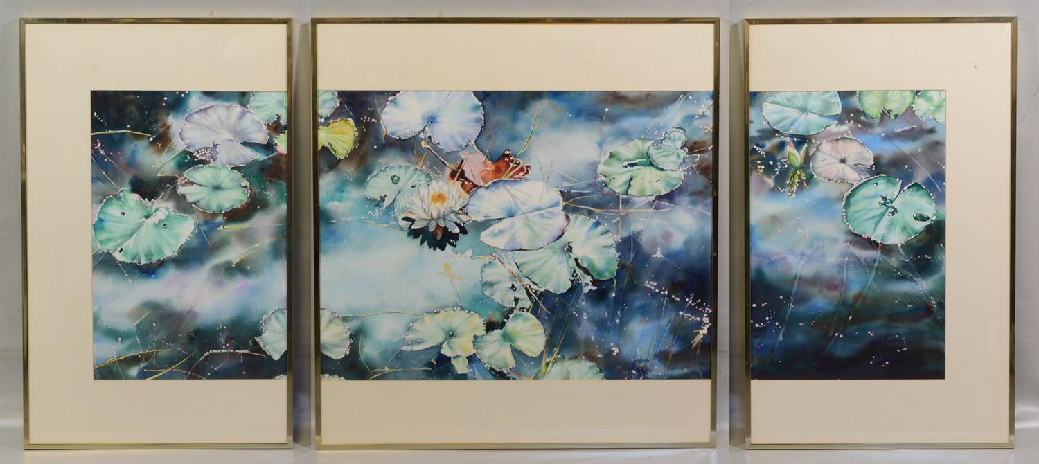 Appraisal: June Bowers American th Century watercolor Waterlilies Triptych signed lower