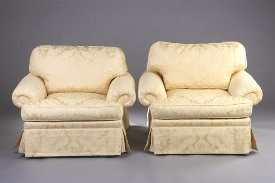 Appraisal: PAIR CONTEMPORARY DAMASK UPHOLSTERED ARMCHAIRS th century Each beautifully upholstered