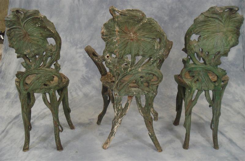 Appraisal: Carved and painted Art Nouveau Fantasy chairs with arms some