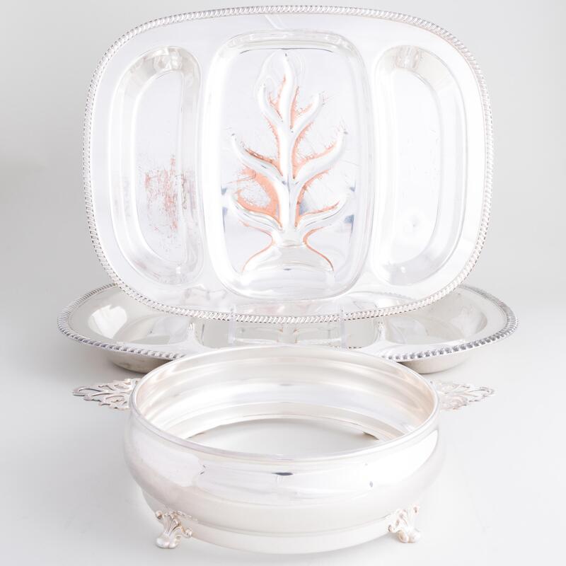 Appraisal: Large Group of Silver Plate Serving Wares Comprising Two well-and-tree