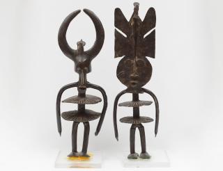 Appraisal: TWO AFRICAN PATINATED BRONZE BENIN FIGURES Each mounted on a