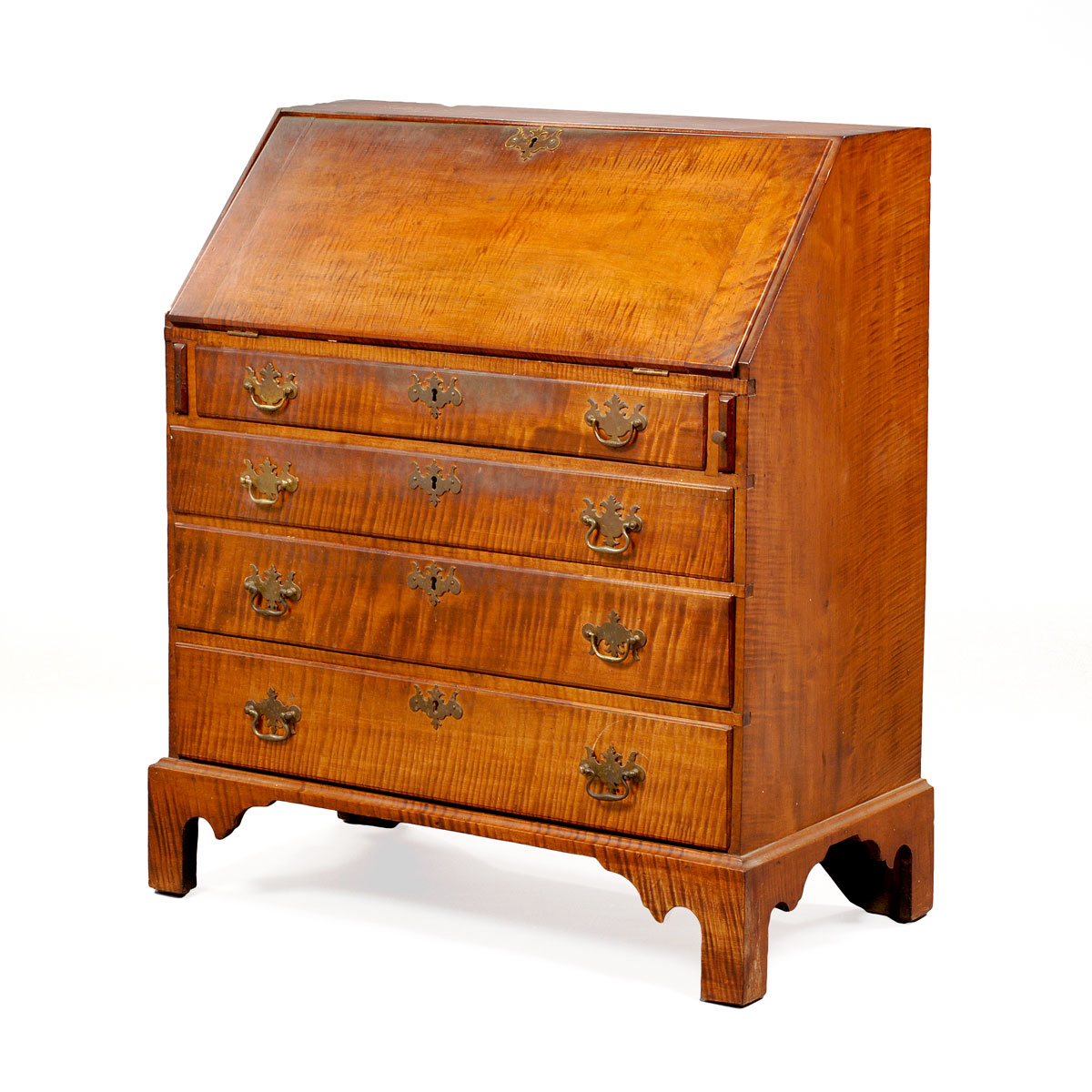 Appraisal: NEW ENGLAND CHIPPENDALE TIGER MAPLE SLANT-LID DESK The thumbmolded lid