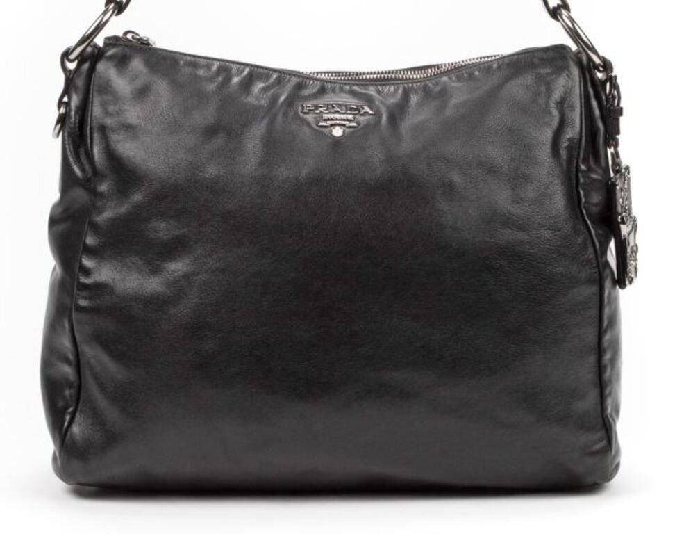 Appraisal: Prada Hobo shoulder bag in black calfskin leather with silver-tone