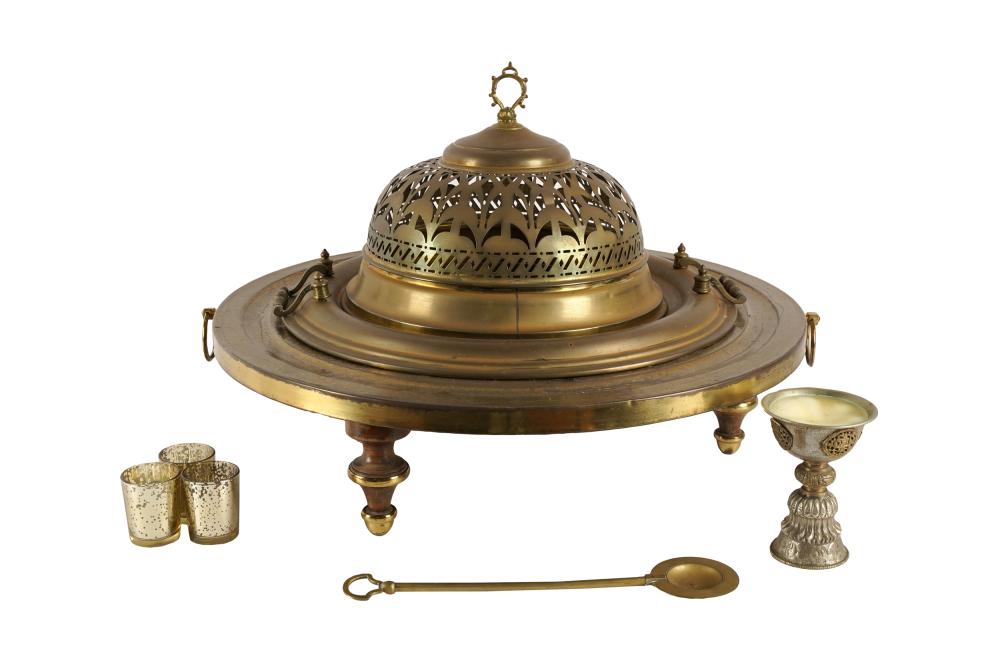 Appraisal: LEVANTINE PIERCED BRASS BRAZIERon three feet with scoop chalice and