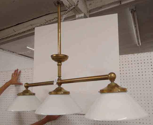 Appraisal: Hanging brass lamp with three globes Approx '' W ''