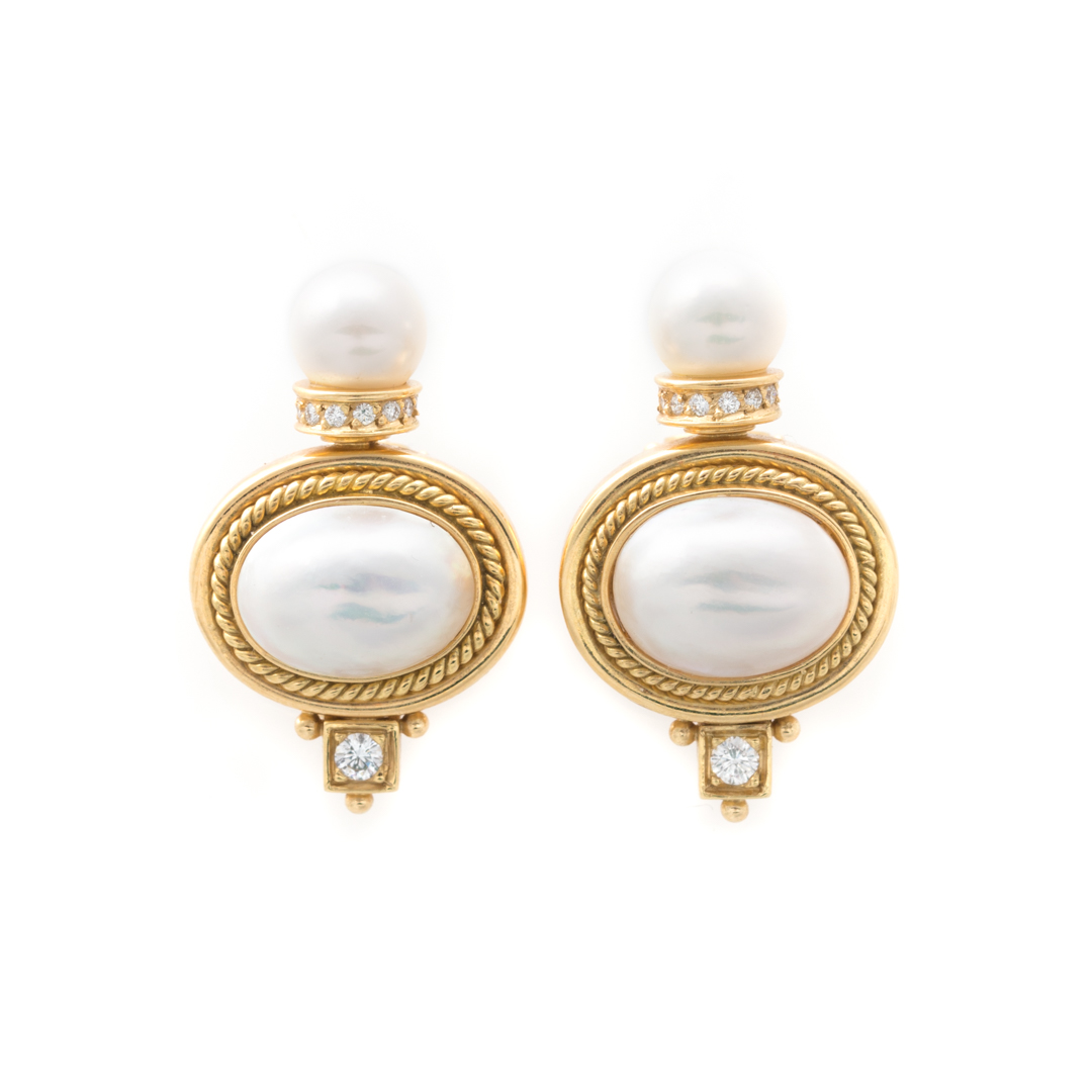 Appraisal: A Pair of Lady's K Pearl Diamond Earrings K yellow