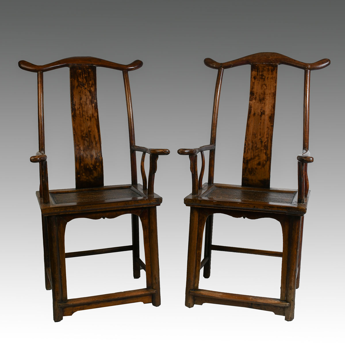 Appraisal: CHINESE YOKE BACK RUSH SEAT ARMCHAIRS Mid to early th-century