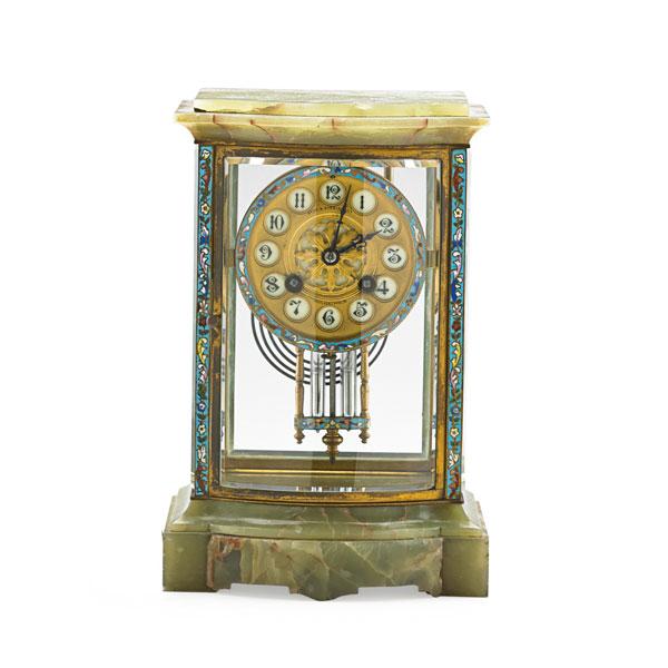 Appraisal: FRENCH CARRIAGE CLOCK Champleve and onyx eight day time and