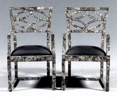 Appraisal: Pair stone veneered armchairs wooden frames with applied variegated green