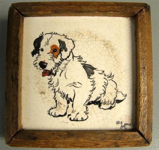 Appraisal: Cecil Aldin painted tile of a Terrier in oak frame