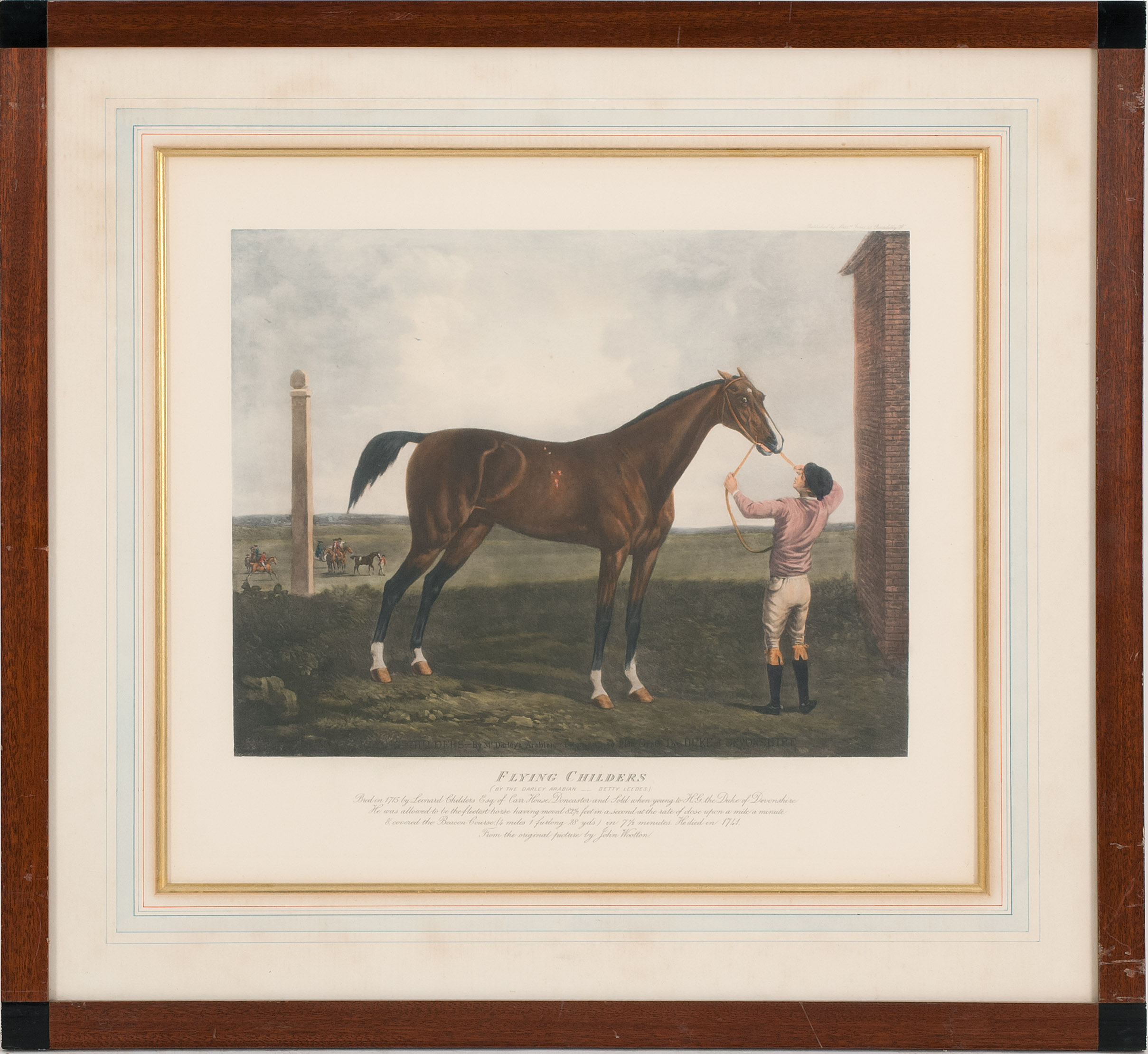 Appraisal: FRAMED COLORED ENGRAVING AFTER M DAILEY Depicting the racehorse Flying