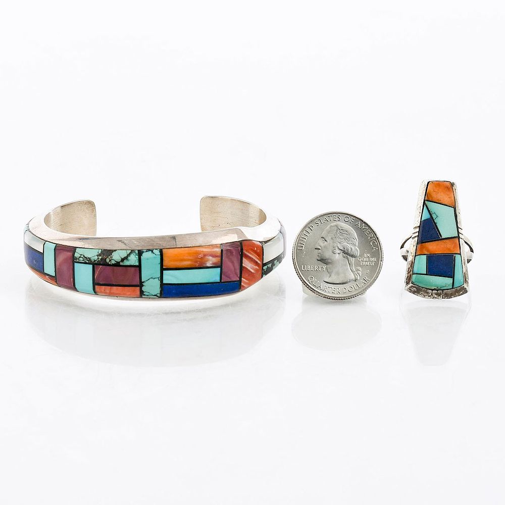 Appraisal: ALVIN YELLOWHORSE INLAY STERLING SILVER CUFF AND RING Navajo multitone