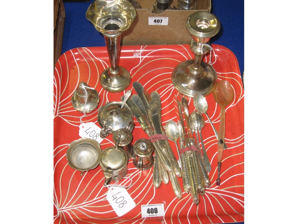 Appraisal: Lot comprising silver condiments vase silver candlestick bone spoon and