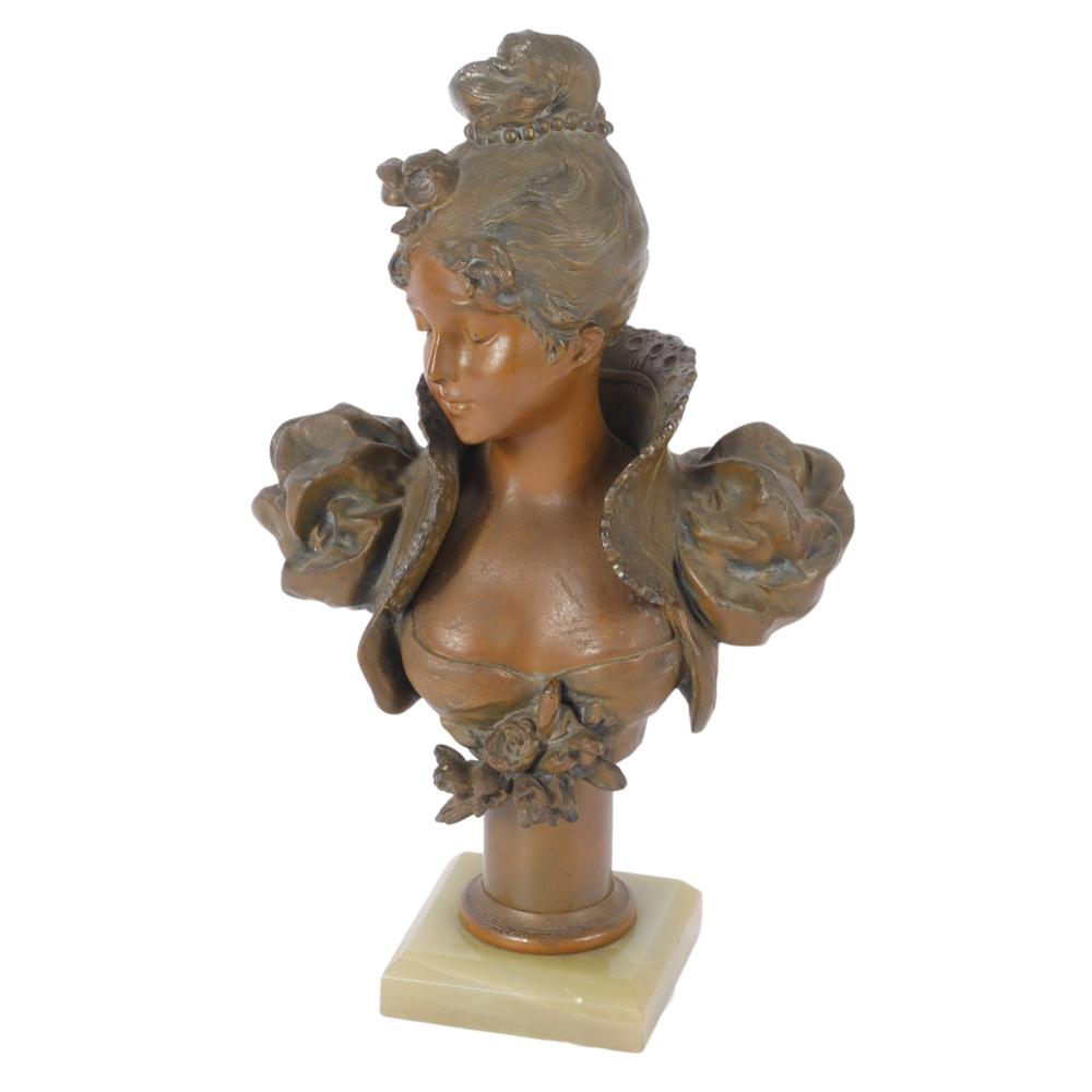 Appraisal: FRENCH ART NOUVEAU PATINATED BRONZE BUST OF A LADY RAISED