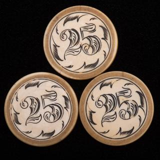 Appraisal: Three Twenty-Five Dollar Ivory Poker Chips American ca Demonization encircled