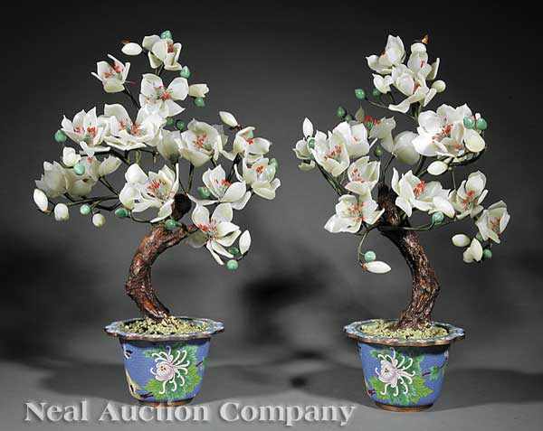 Appraisal: A Pair Chinese Hardstone Trees Set in Cloisonn Enamel Jardini