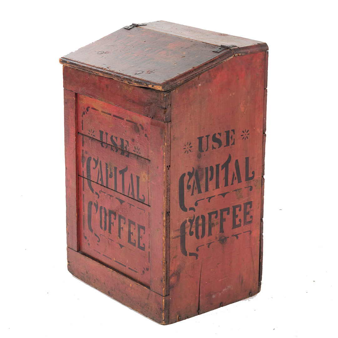 Appraisal: Capital Coffee painted wood coffee bin late th century floor