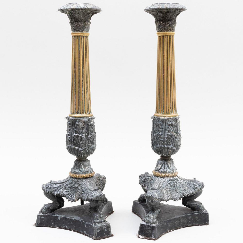 Appraisal: Pair of Charles X Style Brass and Painted Metal Candlesticks