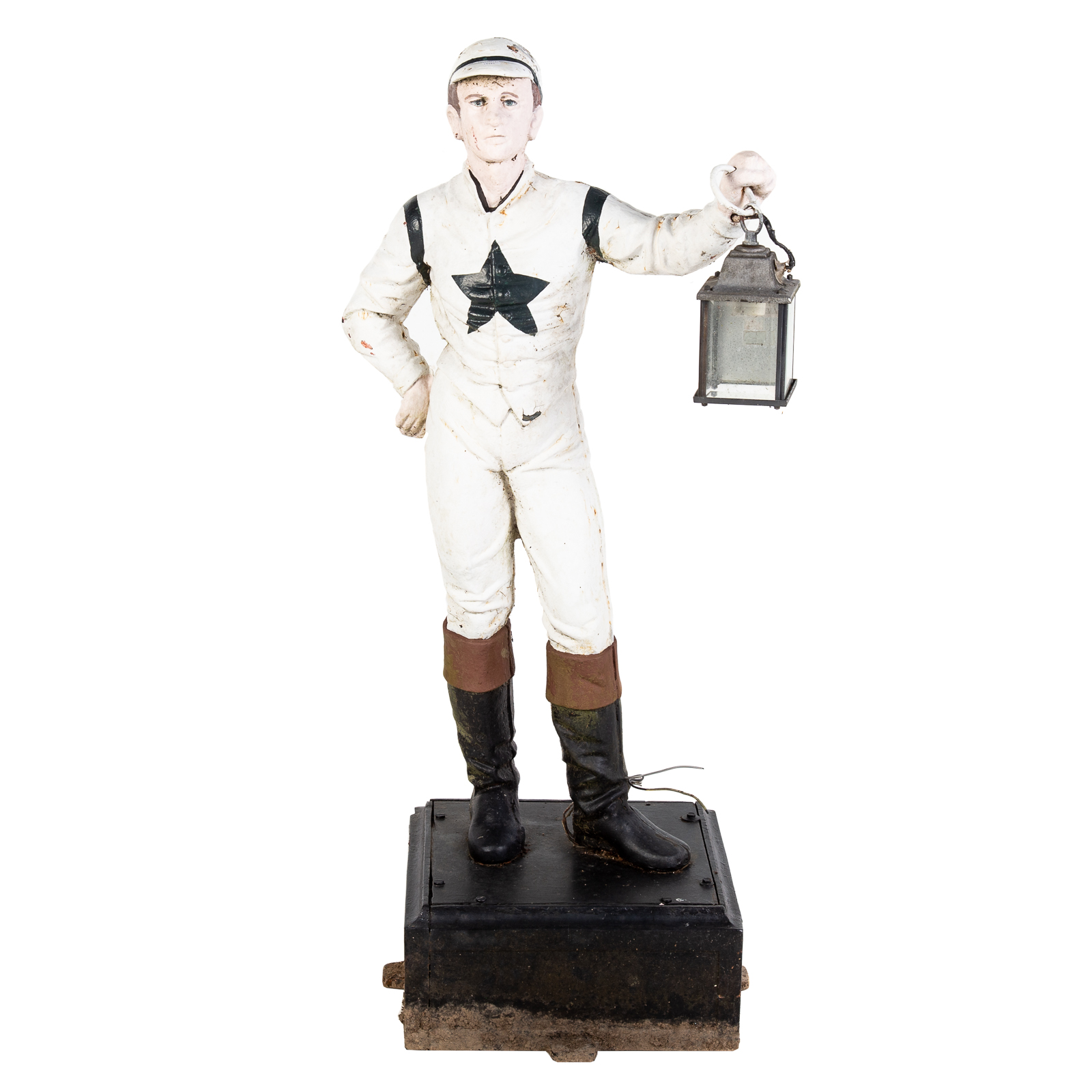 Appraisal: PAINTED CAST METAL LAWN JOCKEY Jockey figure holding electrified lantern