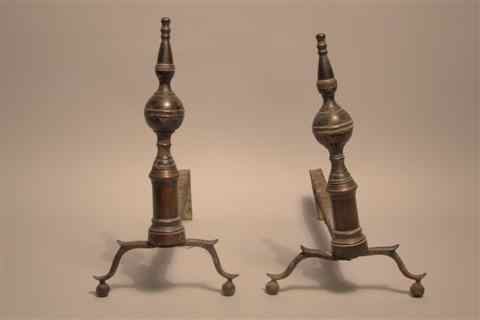 Appraisal: PAIR OF AMERICAN BRASS ANDIRONS Of shaped columnar form with