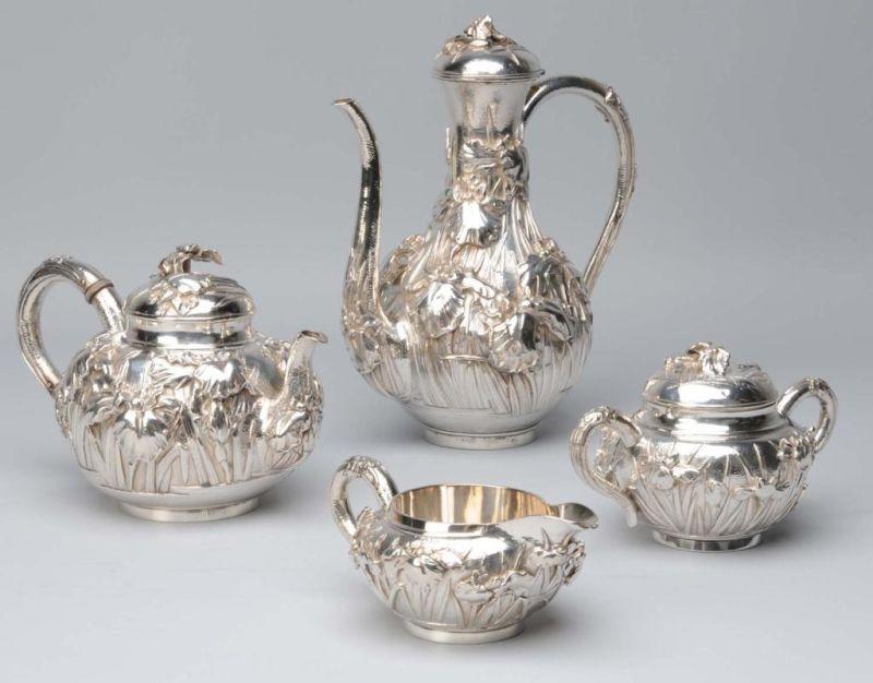 Appraisal: Japanese Blooming Iris Sterling Silver Tea Set Description Four pieces