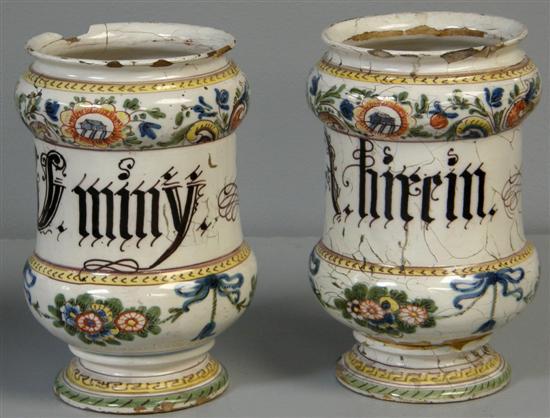 Appraisal: Pair of Italian majolica Albarelli late th century of waisted