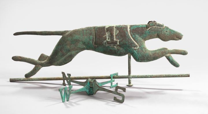 Appraisal: Large Patinated Copper Weathervane depicting a racing hound h w