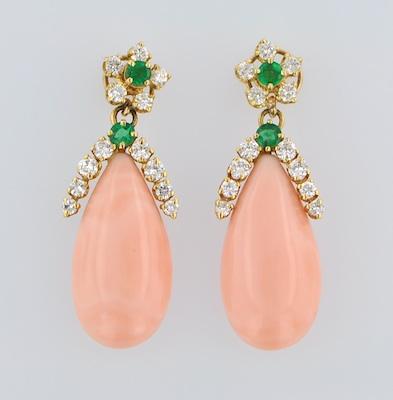 Appraisal: A Pair of Coral Emerald and Diamond Day-to-Evening Earrings k