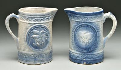 Appraisal: Two crockery pitchers blue and white quot salt glaze quot