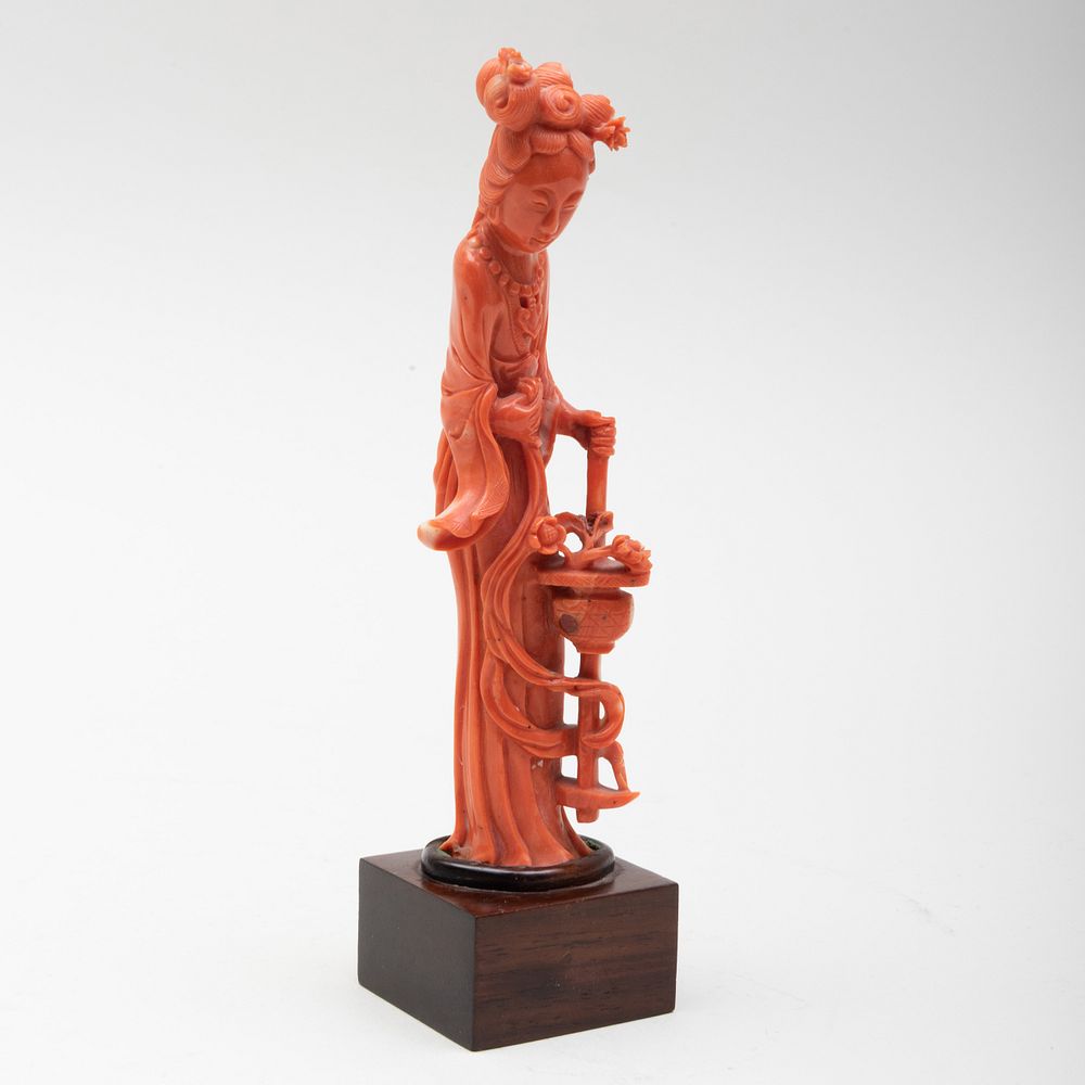 Appraisal: Chinese Coral Figure of Meiren With wood stand in high