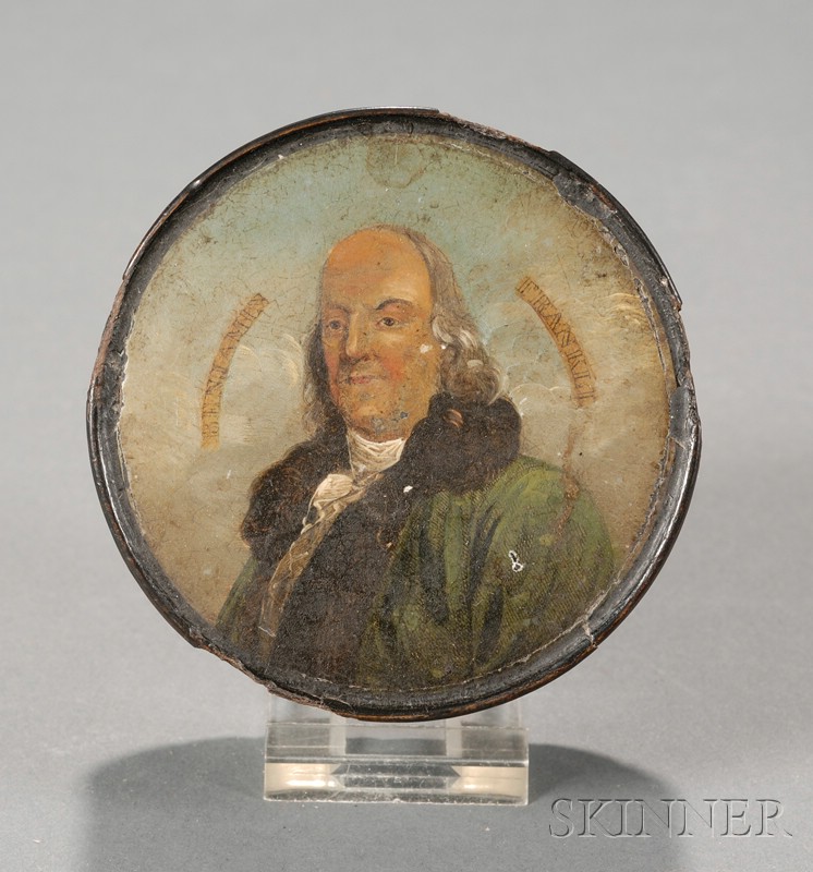 Appraisal: Papier Mache Snuff Box with Painted Engraving of Benjamin Franklin