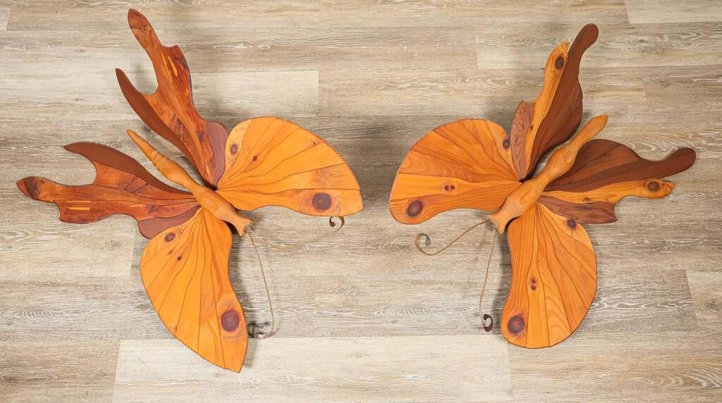 Appraisal: Pair of paneled wood butterfly sculptures Metal antenna Each signed