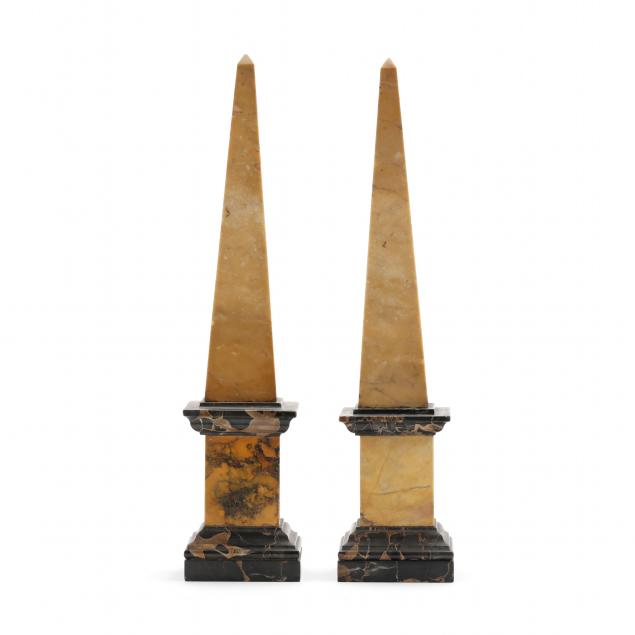 Appraisal: PAIR OF CARVED MARBLE OBELISKS ON PLINTHS Early th century